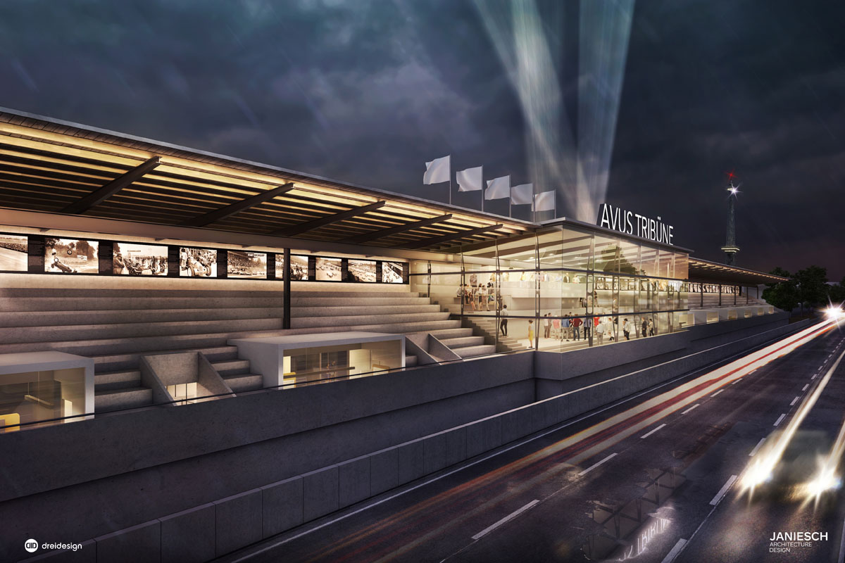 Die Avus-Tribüne bei Nacht. ( Foto: Janiesch Presse)