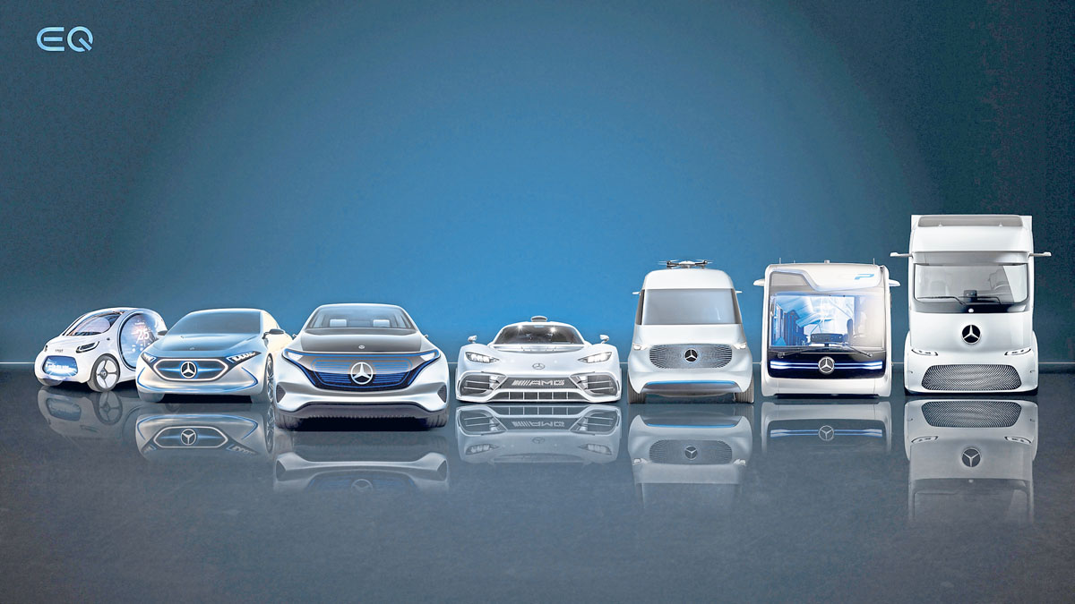 Electric Line-Up der Daimler AG. Daimler plant bis bis 2022 bei Mercedes-Benz Cars 130 elektrifizierte Varianten. (Foto: Daimler AG)